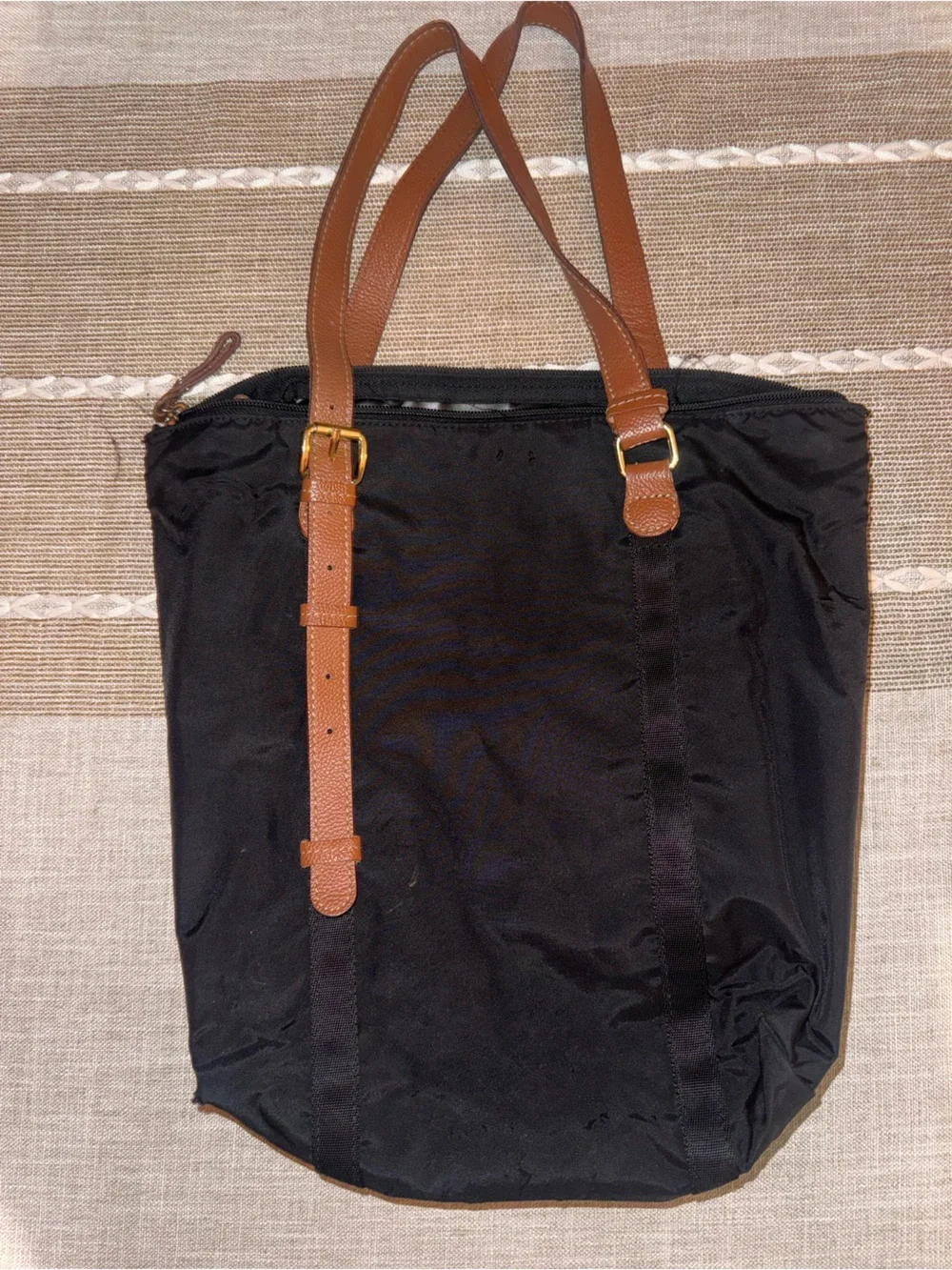 Bric's Black Nylon Tote with Brown Leather Trim